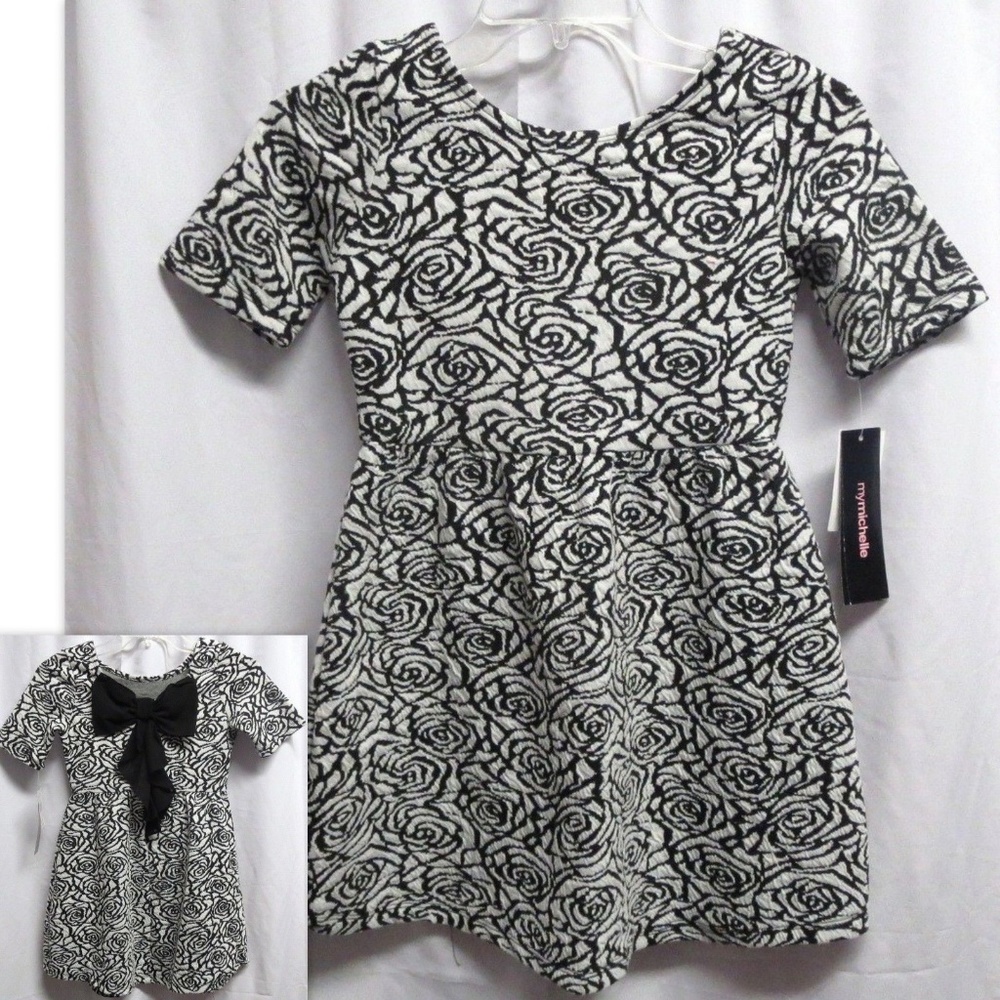 Black White‎ Floral Bow Fit Flare Dress Size 10 New